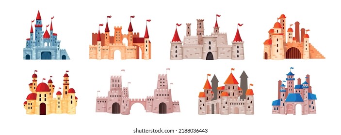 Cartoon palace and fortress. Old kingdom. Fairy tale architecture set. Kings buildings. Castle with bridges or towers. Medieval princess. Knights fort. Vector fantasy houses collection svg