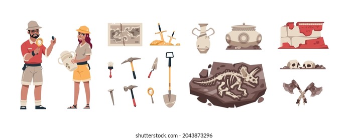 Cartoon paleontology. Ancient fossil with bones and treasures. Archaeologists dig up artifacts. Explorers search dinosaur skeletons. Historical excavation. Vector study and science set