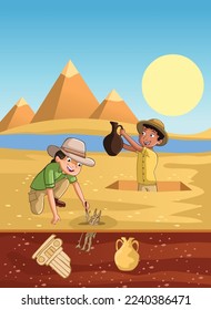 Cartoon paleontology kids working on excavation. Children digging artifact in Egypt.