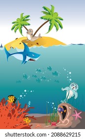 Cartoon palm island and underwater scene with coral reef, small cave and fishes.