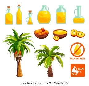 Aceite de palma de dibujos animados. Palmeras árboles semillas crudas cosecha plantación, comida chatarra árbol tropical aceites gota en botella, ácidos grasos comida industria iconos conjunto de dibujos animados ingeniosa Ilustración vectorial