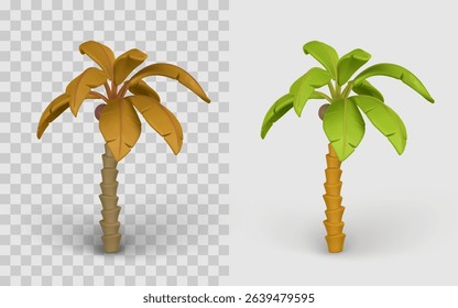 Cartoon Palm Tree 3D Icon With Green and Yellow Leaves, Tropical Summer Island Game Asset or Jungle Nature Element. Vector Illustration.