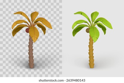 Cartoon Palm Tree 3D Icon with Green and Yellow Tropical Leaves, Exotic Island Nature Element for Summer Game Design or App UI. Vector Illustration.
