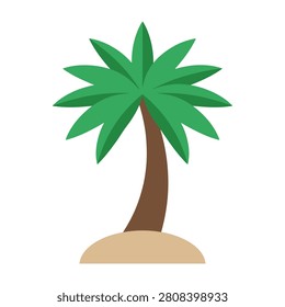 A cartoon palm tree stands alone on a sandy beach with green leaves and a brown trunk
