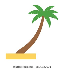 A cartoon palm tree stands alone on a sandy beach with a green leafy top and brown trunk
