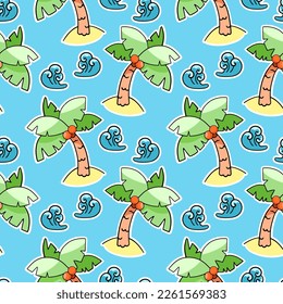 Cartoon palm tree, summer pattern, vector seamless pattern in the style of doodles, hand draw