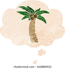 cartoon palm tree with thought bubble in grunge distressed retro textured style