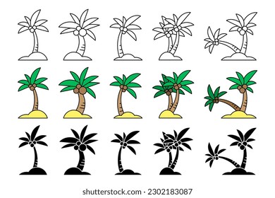 Cartoon palm trees. Palm trees icon set. Vector illustration isolated on white background.