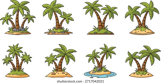 Palmeras de dibujos animados en las Pequeñas islas con rocas y hierba