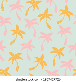 Cartoon palm trees seamless pattern. Abstract tropical print. Modern design for fabric, packaging, stationery, scrapbooking. Vector illustration of exotic palm trees.