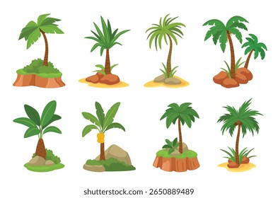 Cartoon palm trees. Tropical cartoon palm and banana trees with grass, rocks, and sand islands. Exotic summer landscape elements for vacation, travel, nature scenes. Flat colorful vector set.