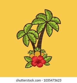 Cartoon palms with tropical leaves and pineapples. Vector illustration