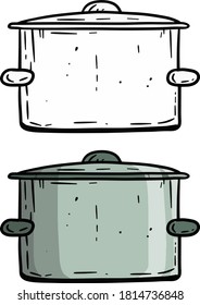 Cartoon Pan. Grey steel cookware. Drawn vector illustration. Big utensil with lid for boiling water. Kitchen element and soup preparation