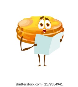 Caricatura del personaje del panqueque de dibujos animados, postre divertido vectorial y personajes de comida dulce. Panqueque con miel o jarabe de arce y periódico, diseño de postres de panadería infantil o emoticono cómico alegre