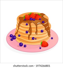 Cartoon pancakes with jam on a pink plate with blueberries, strawberries. Vector illustration of delicious breakfast, American brunch isolated on white background. Food, pastries and sweets.