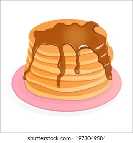 Cartoon pancakes with jam or syrup on a pink plate. Vector illustration of delicious breakfast, American brunch isolated on white background. Food, baking and sweets concept.