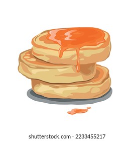 Cartoon pancakes. Stack of tasty pancakes with maple syrup, honey, apricot syrup, jam. Delicious breakfast food vector illustrations. 