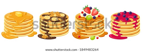 Cartoon pancakes. Stacks of tasty pancakes with\
maple syrup, butter, chocolate syrup, fruits and jam. Delicious\
breakfast food vector illustrations. American brunch with berries\
and nuts