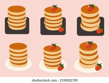 Cartoon pancakes. Stacks of tasty pancakes with strawberry. Delicious breakfast food vector illustrations. American brunch with berries. Set of homemade pancakes.