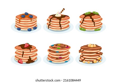 Cartoon pancakes. Stacks of tasty pancakes with, cherry, blueberry, strawberry, butter, chocolate, fruits  Delicious breakfast food vector illustrations. American brunch with berries and nuts