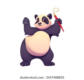 Cartoon panda animal character holding Christmas bauble. Isolated vector adorable personage with twinkling eyes and festive cheer, spreads joy and warmth, making holiday moments magical and bright