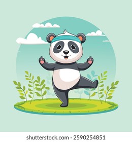 A cartoon panda balancing on one foot in the tree pose, wearing a tiny sweatband, in a calming zen garden, vector-style artwork