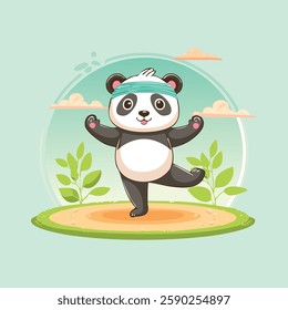 A cartoon panda balancing on one foot in the tree pose, wearing a tiny sweatband, in a calming zen garden, vector-style artwork