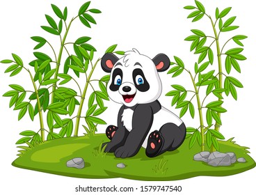 Cartoon panda in the bamboo tree