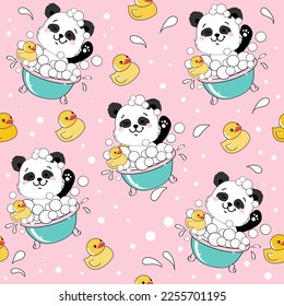 Cartoon panda bathing in a duck bath on a pink background seamless pattern. Vector cartoon illustration in kawaii style