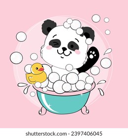 Cartoon panda bathing and rubber duck bath on a pink background. Vector cartoon illustration in kawaii style