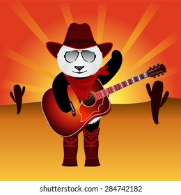 Cartoon panda bear with acoustic guitar on desert background with sunburst sky. eps 10 vector illustration