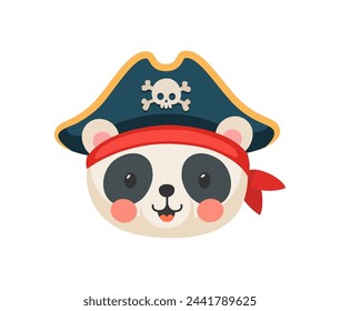 Cartoon panda bear animal pirate and corsair. Sailor and captain, skipper and boatswain character. Isolated vector cute, kawaii, sweet personage face in tricorn hat with skull emblem and red bandana