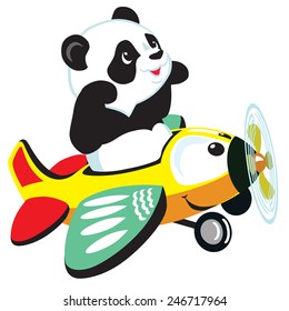 cartoon panda bear flying with plane, isolated image for little kids