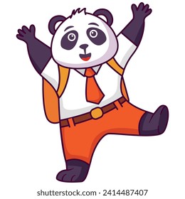 Cartoon panda bear going to school.A joyful cute lion cub in a school uniform with bag .Kid kawaii tropical animal go to school.Animalistic childish character.Cute animal student.Back to school.