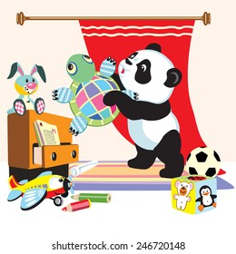 cartoon panda bear in playing room with toys , illustration for little kids
