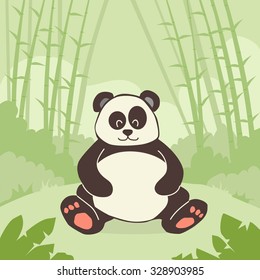 Cartoon Panda Bear Sitting Green Bamboo Jungle Forest Colorful Flat Retro Vector Illustration