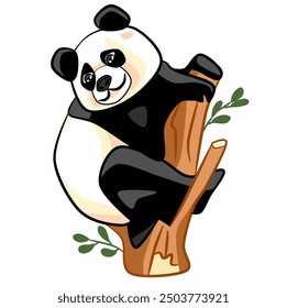 A cartoon panda bear is sitting on a tree branch. The bear is smiling and he is enjoying its time on the branch.