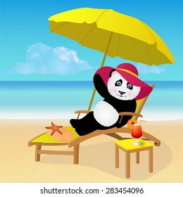 Cartoon panda bear sunbathing on tropical beach. eps 10 vector illustration