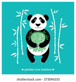 Cartoon panda bear surrounded by bamboo. Funny panda bear with bamboo in flat style for posters, invitations, post cards. Panda bear bamboo made in vector, easy recolor.