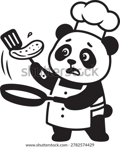 Cartoon panda bear wearing chef hat and apron flipping pizza in pan