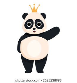 Cartoon panda bear wearing a golden crown, waving its paw