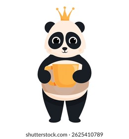 Urso panda de desenhos animados usando uma coroa dourada, segurando um grande copo laranja