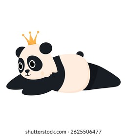 Cartoon panda bear wearing golden crown lying down and relaxing, funny animal character vector illustration isolated on white background