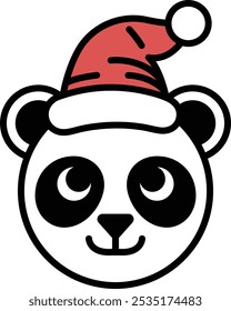 A cartoon panda bear is wearing a red and white hat, with a red hat on top of the white hat. The panda bear has a big smile on its face, giving the impression that it is happy and festive