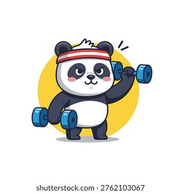 A cartoon panda bear wearing a red and white headband is lifting two blue dumbbells in front of a yellow circle. The panda has a happy expression on its face and appears to be in the middle of a workout.
