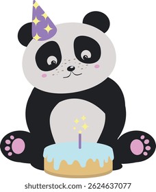 Cartoon Panda with Birthday Cake. Kawaii panda vector illustration.