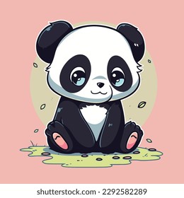 A cartoon panda with blue eyes sits on a puddle.
