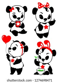 Cartoon panda character, Set of cute panda bear stickers in various poses