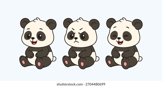 Cartoon Panda Character Set Expressive Emotions in Cute Sitting Pose