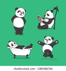 Cartoon panda character. Set of four cute and funny pandas. Isolated